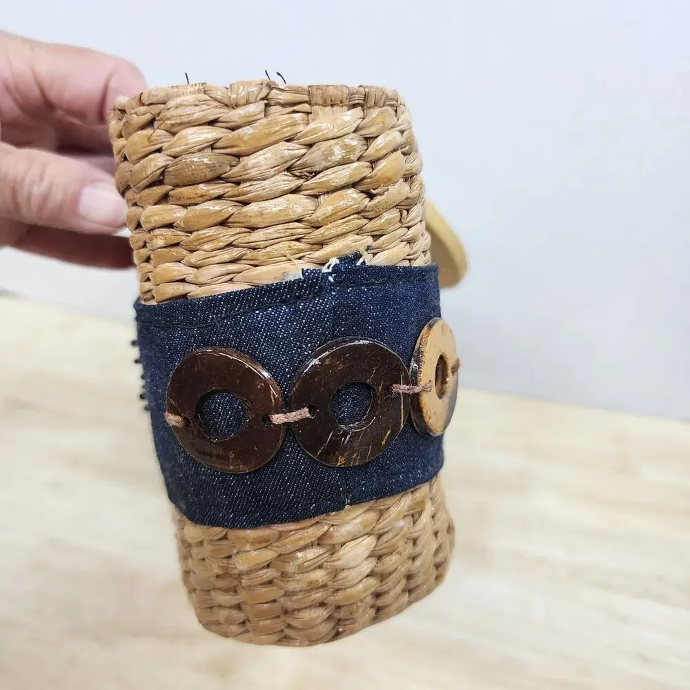 Straw Basket Purse Denim Accent Wooden Handles Beach Cottagecore Bag 10x5.5